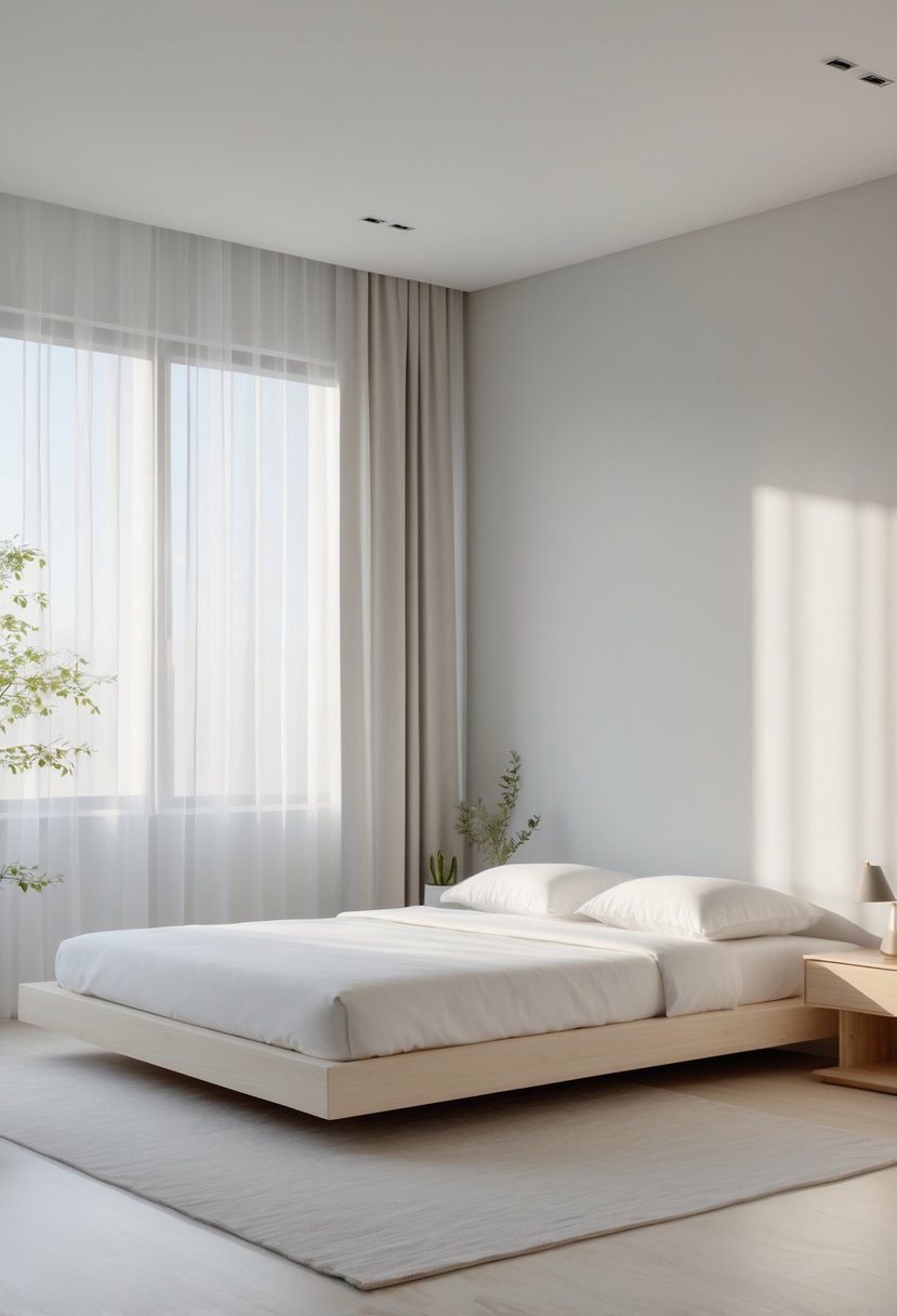 A clean and simple bedroom with a bed, nightstand, lamp, and natural light coming through a window.