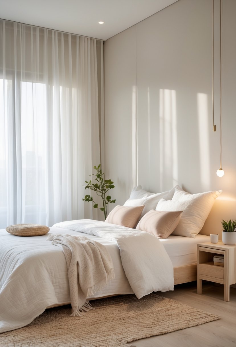 A tidy bedroom with a bed, nightstand, soft natural light, and neutral colors creating a peaceful atmosphere.