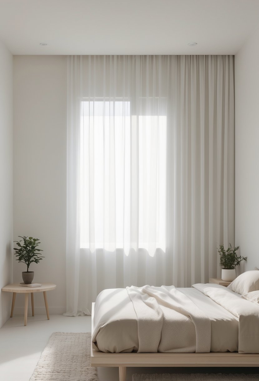 A calm bedroom with a neatly made bed, wooden furniture, soft natural light, and minimal decor.