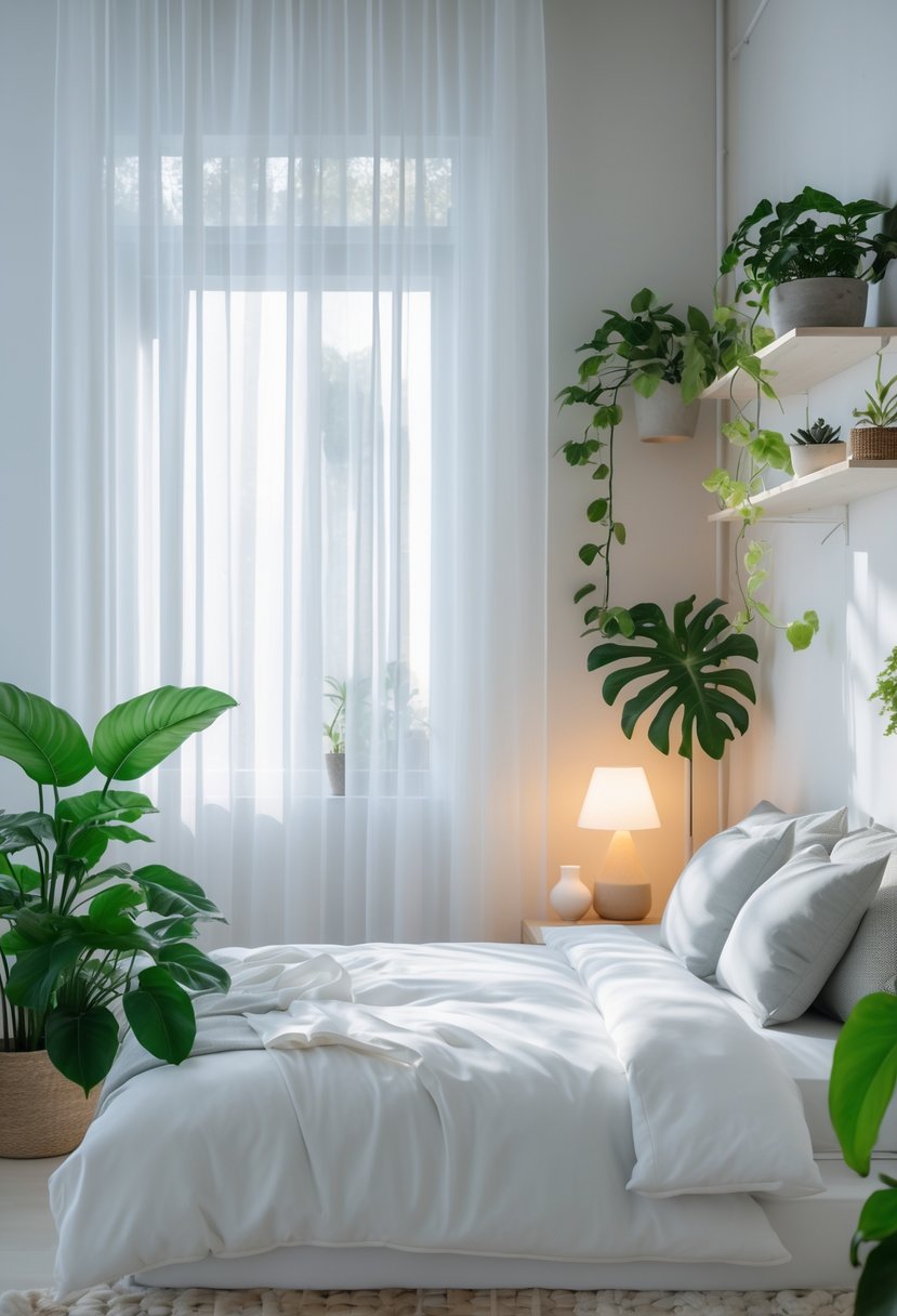 A calm bedroom with a neatly made bed, soft natural light, green plants, and simple decor.
