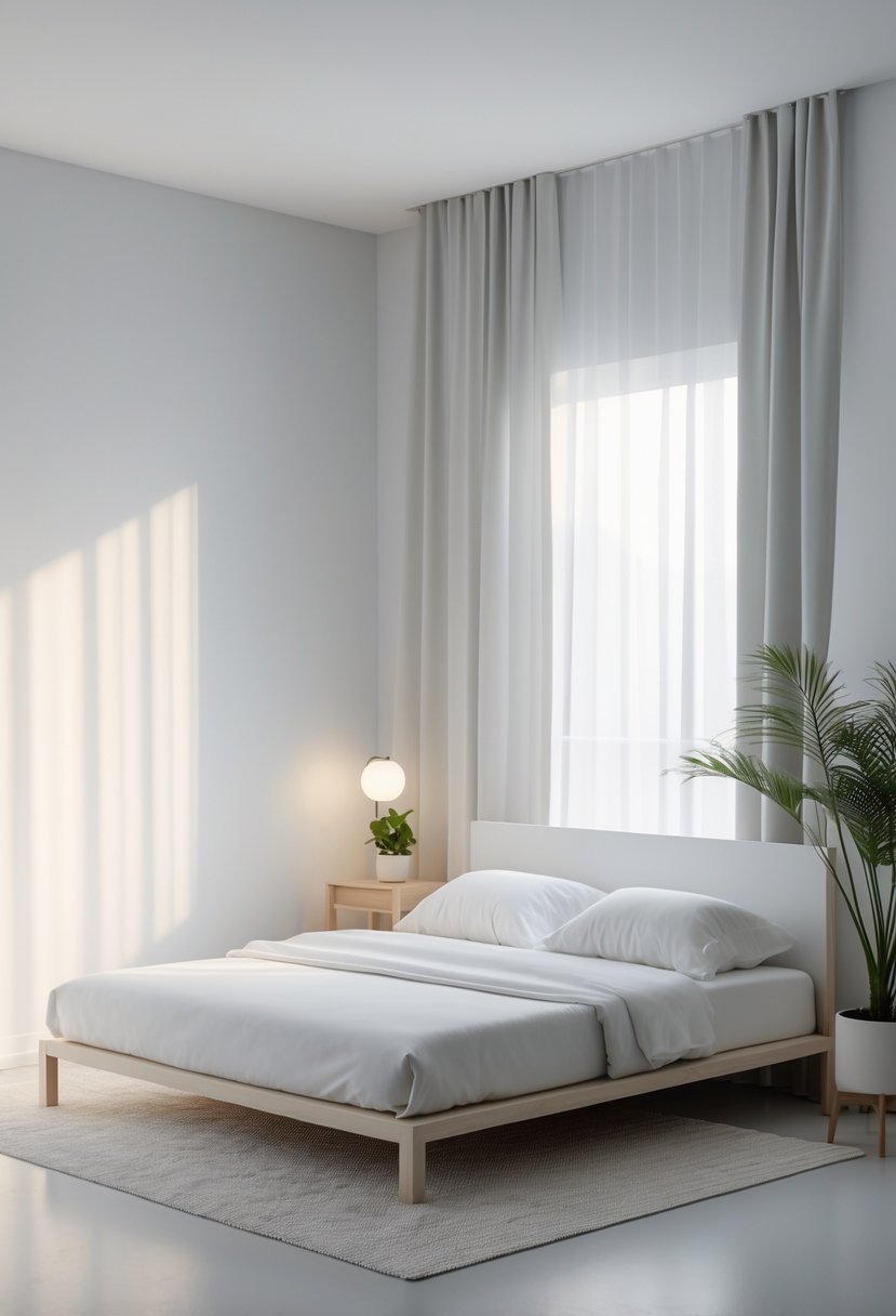 A bright, tidy bedroom with a simple bed, soft natural light, and minimal furniture creating a peaceful atmosphere.