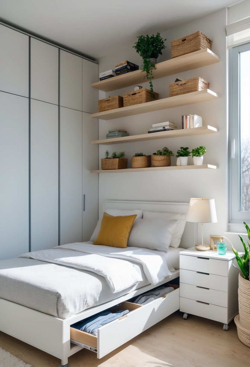 v2 154i9f pqa7s A small apartment bedroom with a bed featuring under-bed storage drawers, a tall wardrobe with sliding doors, floating shelves with plants and books, and a nightstand, all arranged to maximize space.