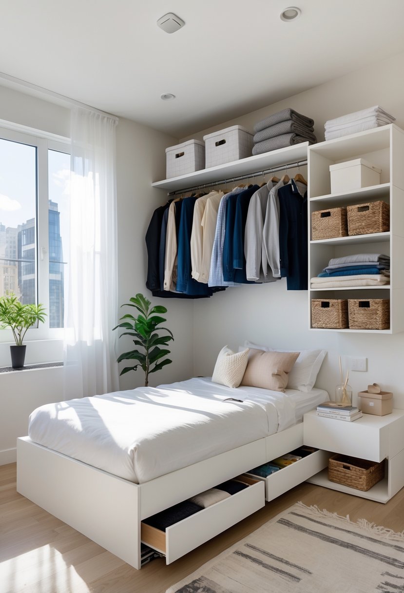v2 154ibb v6y1q A small bedroom in an apartment with a bed that has under-bed storage drawers, wall shelves with storage boxes, and a nightstand with shelves, all neatly organized.