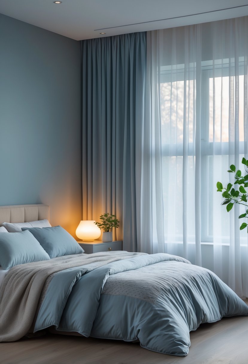 v2 154ieb 2wce6 A peaceful bedroom with a neatly made bed, soft natural light, and calming colors designed to create a restful atmosphere.