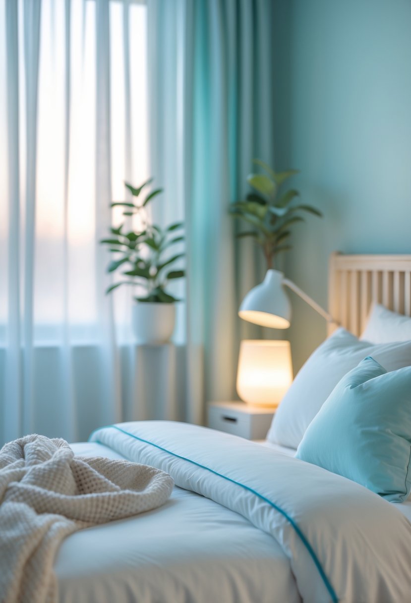 v2 154iep tq3of A peaceful bedroom with a neatly made bed, soft blue and neutral colors, natural light, and calming decor promoting relaxation.