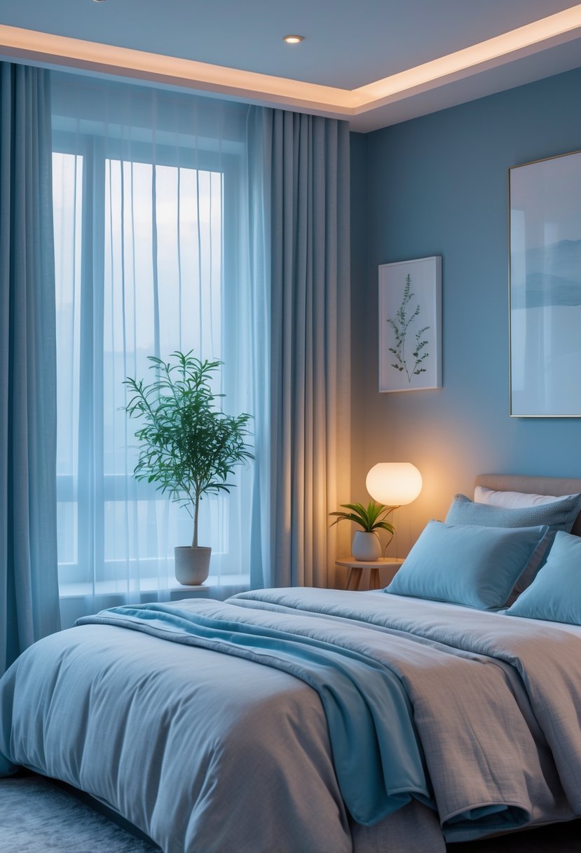 v2 154if5 rm2nd A peaceful bedroom with a neatly made bed, soft blue and neutral colors, natural light, and calming decor promoting restful sleep.