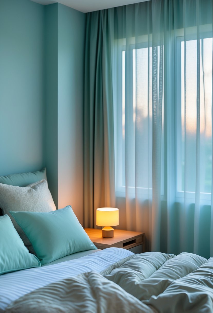 v2 154igb nuvtc A calm bedroom with a neatly made bed, soft lighting, and soothing colors designed for restful sleep.