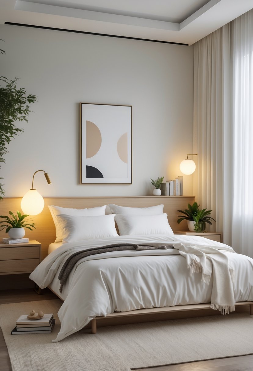 A tidy master bedroom with a queen bed, wooden nightstands, potted plants, and natural light coming through a window with sheer curtains.