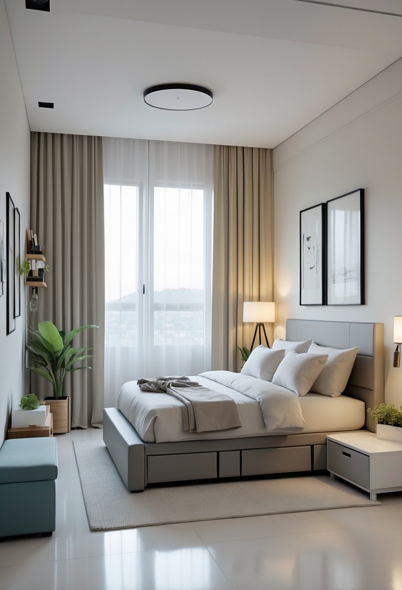 A tidy master bedroom with a bed, bedside table, storage furniture, natural light, and simple decor.