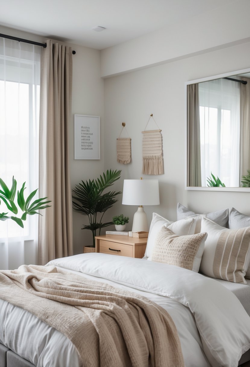 A bright and tidy bedroom with a bed, nightstand, lamp, plants, and natural light coming through curtains.