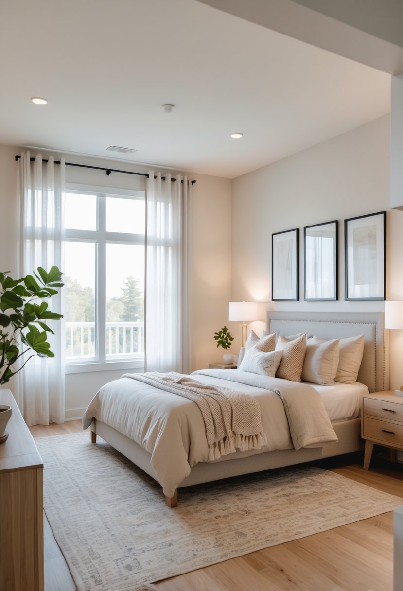 A modern master bedroom with a neatly made bed, wooden nightstands, lamps, framed artwork, a rug, large windows with sheer curtains, and a potted plant.