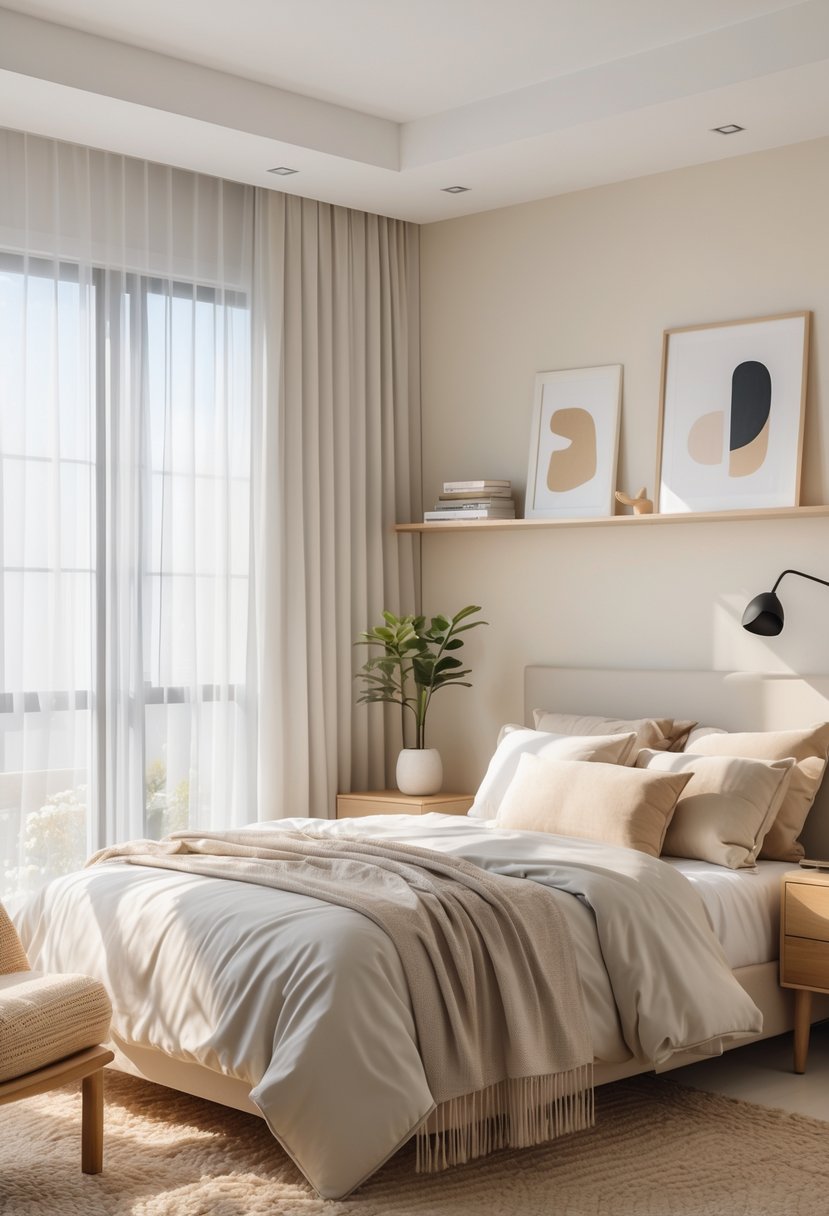 A modern master bedroom with a neatly made bed, wooden nightstand, potted plant, table lamp, framed art on the walls, and natural light coming through large windows.