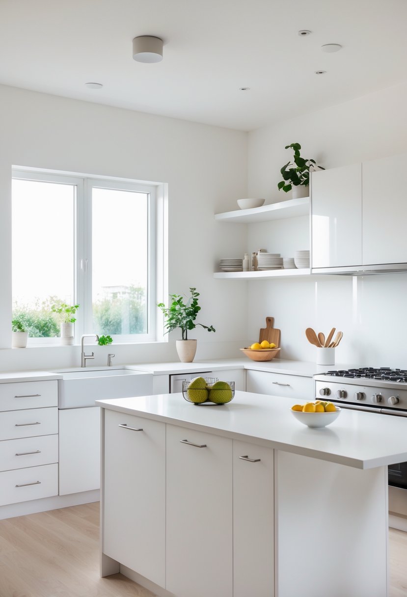 A bright kitchen with white cabinets, a countertop island, stainless steel appliances, and natural light coming through large windows.