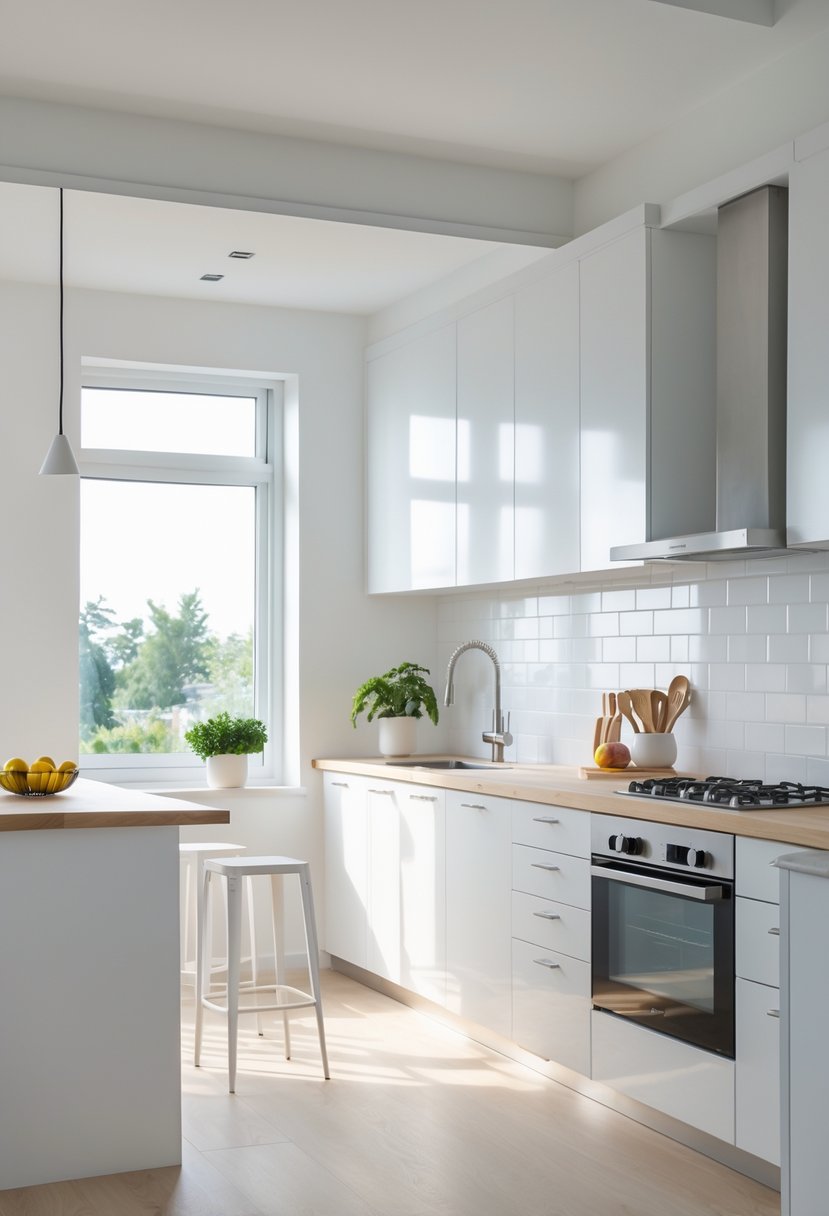 A bright kitchen with white cabinets, a small island, stainless steel appliances, and natural light coming through large windows.