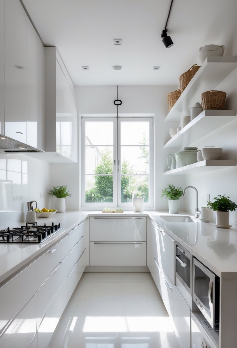 A bright white kitchen with an island, open shelves, and large windows letting in natural light.