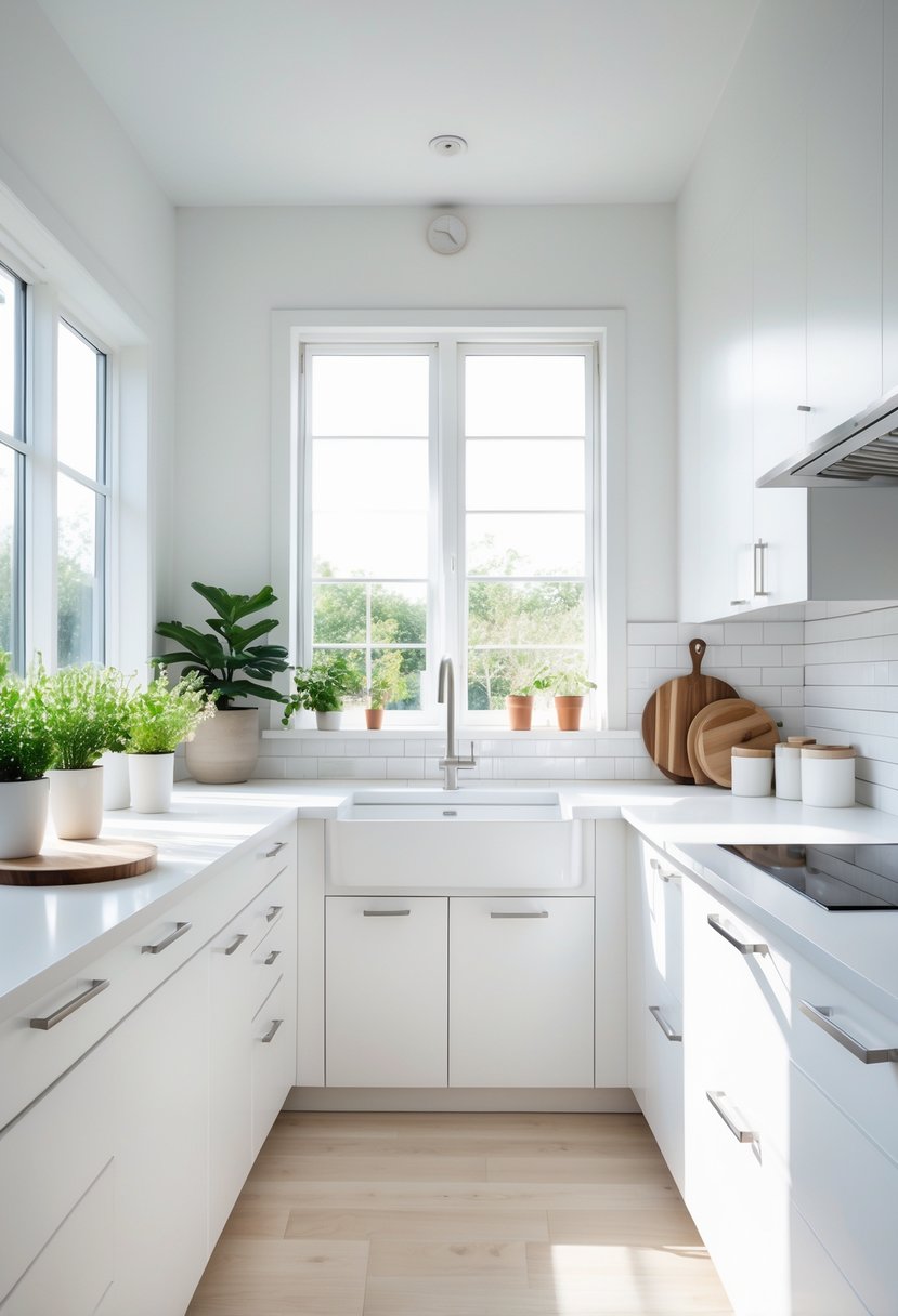 A bright white kitchen with cabinets, countertop, plants, and decorative kitchen items in natural light.