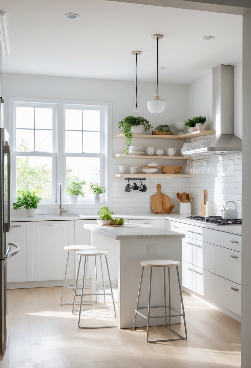 Bright white kitchen with modern cabinets, a small island, and natural light coming through windows.