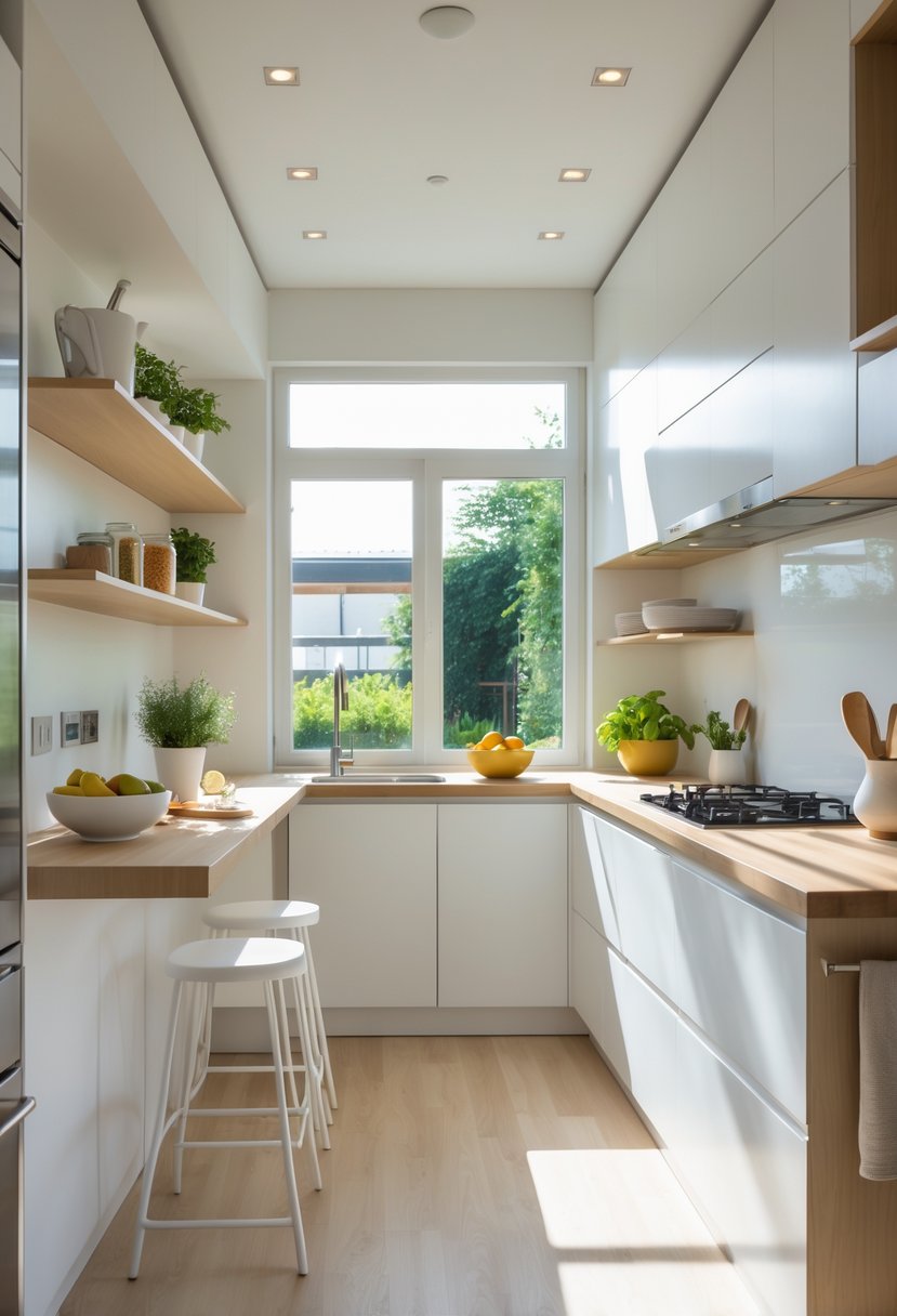 v2 154jmn 2zned A small open kitchen with white cabinets, a kitchen island with stools, stainless steel appliances, and natural light coming through large windows.