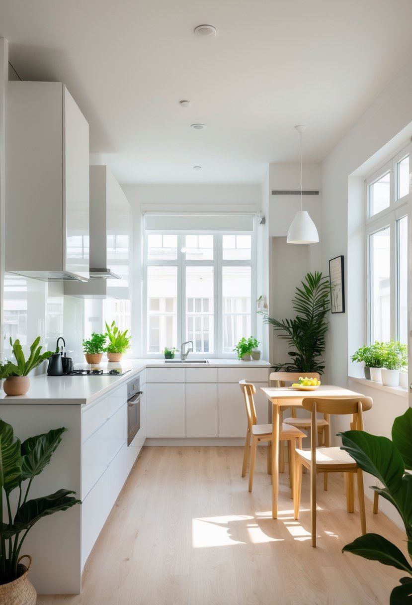 v2 154jn5 rfer8 A small open kitchen with white cabinets, a kitchen island with stools, and a dining area with a wooden table and chairs, illuminated by natural light.
