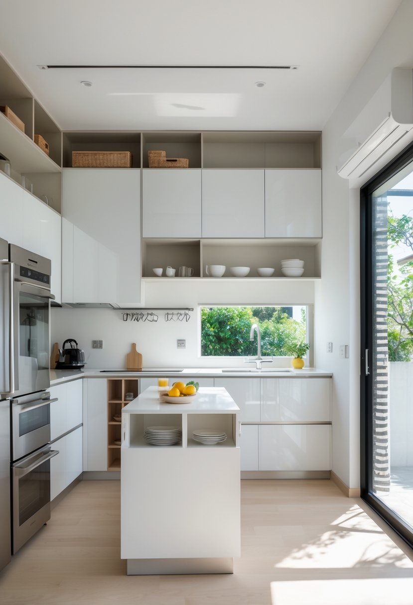 v2 154jno 2h7z6 A bright open kitchen in a small home with white cabinets, a compact island, and smart storage solutions.