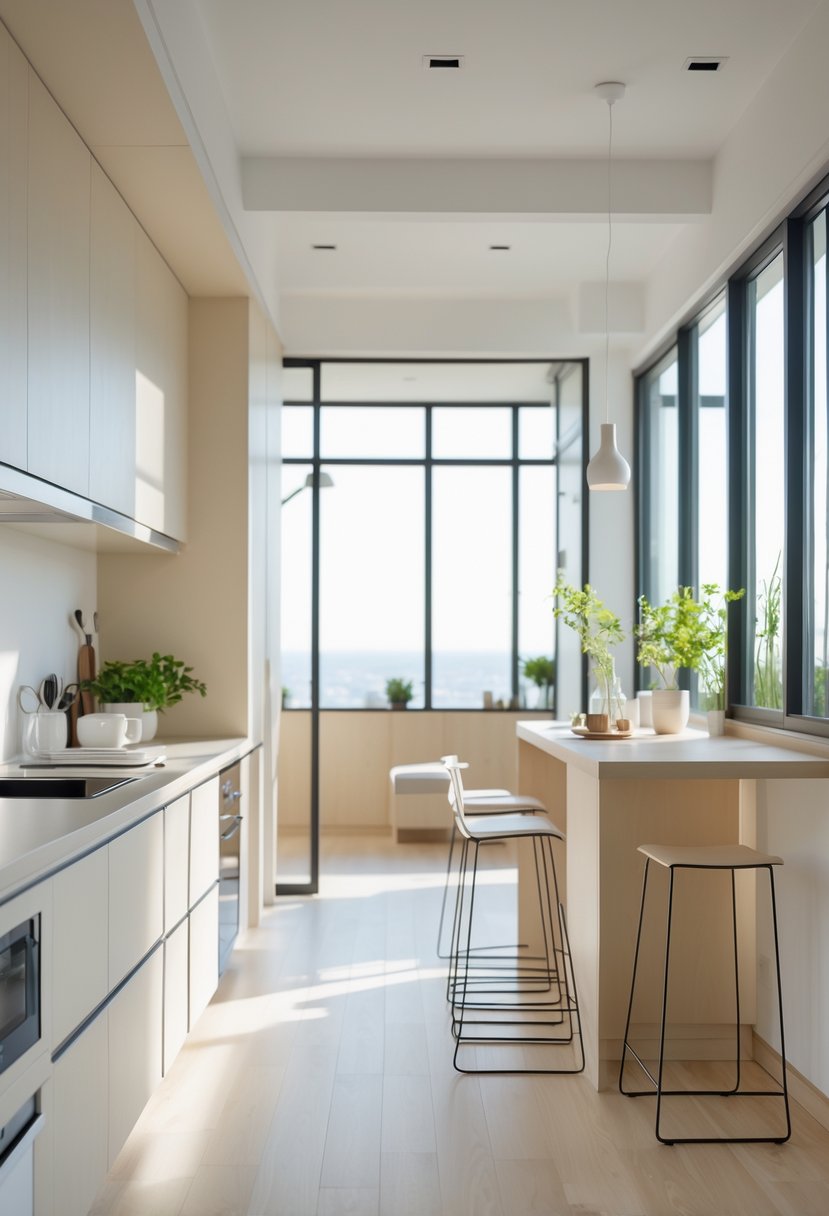 v2 154jo7 35sc6 A small open kitchen with light cabinets, a compact island, large windows, and a connected living area.