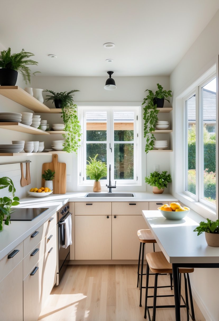 v2 154jor m9aiq A small open kitchen with light cabinetry, open shelves, a breakfast bar with stools, and natural light coming through large windows.