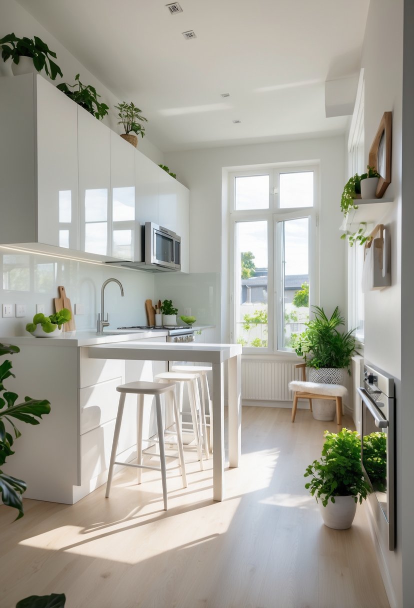 v2 154jp8 h06fn A small open kitchen with white cabinets, a compact island with stools, stainless steel appliances, and a small dining area with natural light.