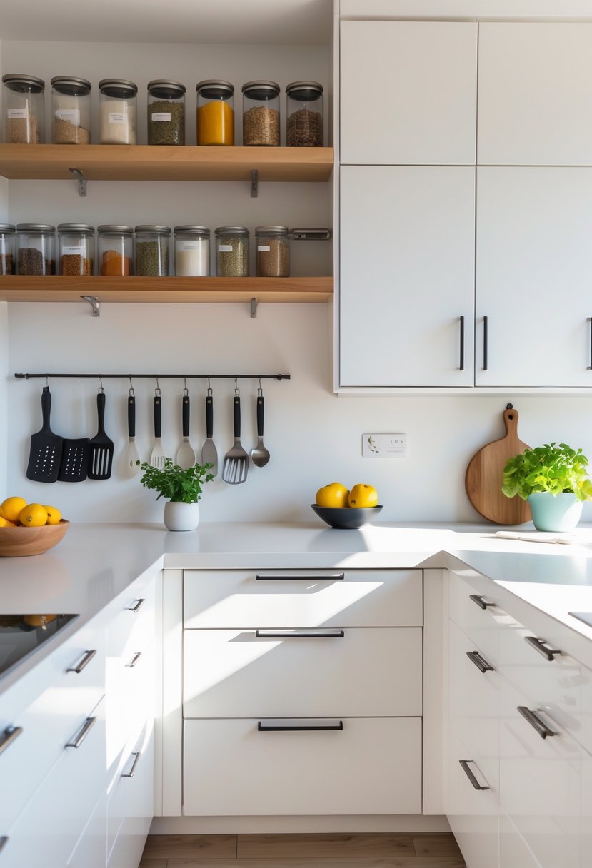 A clean kitchen countertop with organized shelves, jars, and hooks keeping the space tidy and clutter-free.