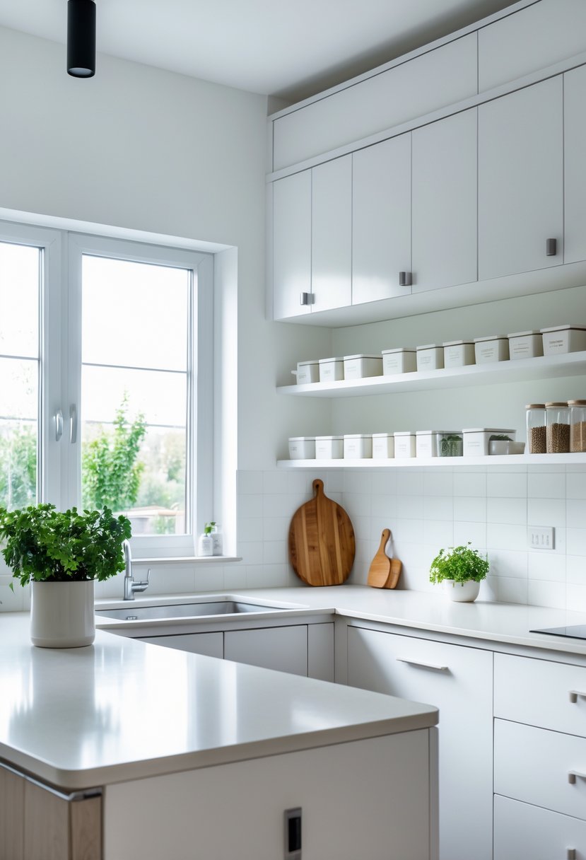 A clean, modern kitchen countertop with organized storage containers, a cutting board, and a small potted herb plant near a window.