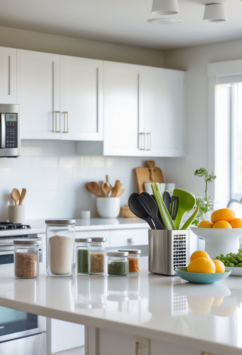 A clean kitchen countertop with organized storage containers, jars, and utensils creating a clutter-free space.