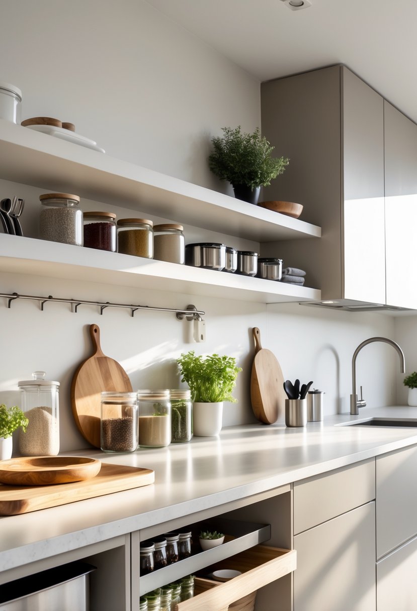 A clean kitchen countertop with organized storage containers, cutting boards, spice racks, and built-in shelves, creating a clutter-free cooking area.