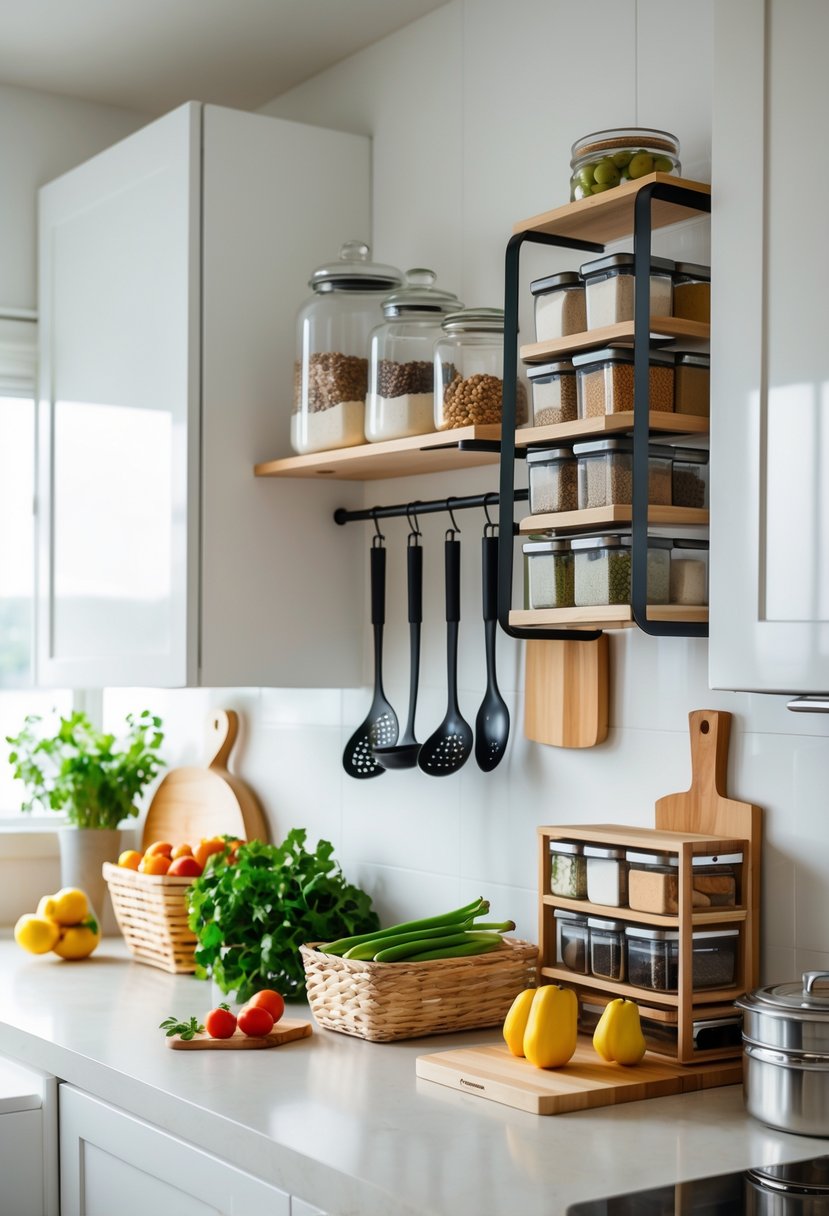 A clean kitchen countertop organized with jars, containers, utensils, and fresh produce, showing an uncluttered and tidy cooking space.