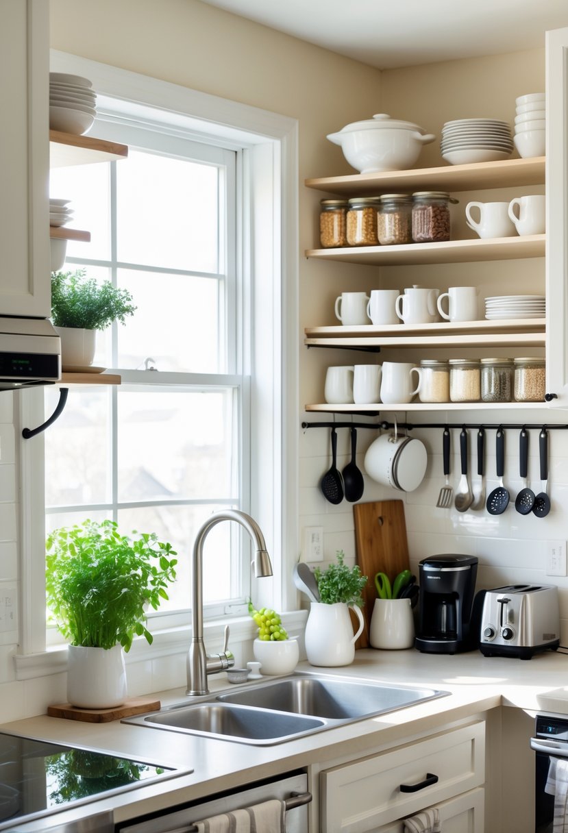 v2 154jyz ewjqo A small rental kitchen with organized shelves, hanging utensils, and a compact, tidy countertop with natural light coming through a window.