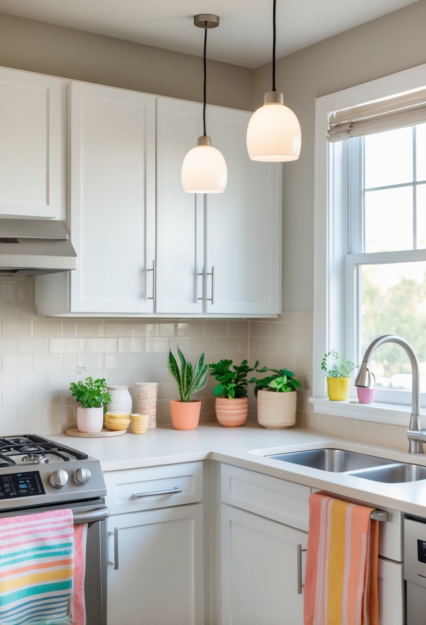 v2 154jzh 6y60l A bright kitchen with pendant lights, potted plants, colorful towels, and clean countertops in a rental space.