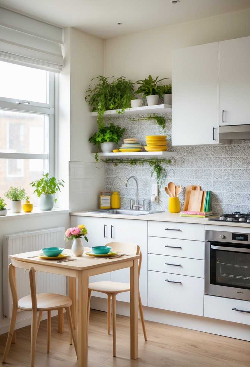 v2 154jzz 8bpbe A bright rental kitchen with white cabinets, a geometric backsplash, open shelves with plants and dishes, and a small wooden dining table set for a meal.