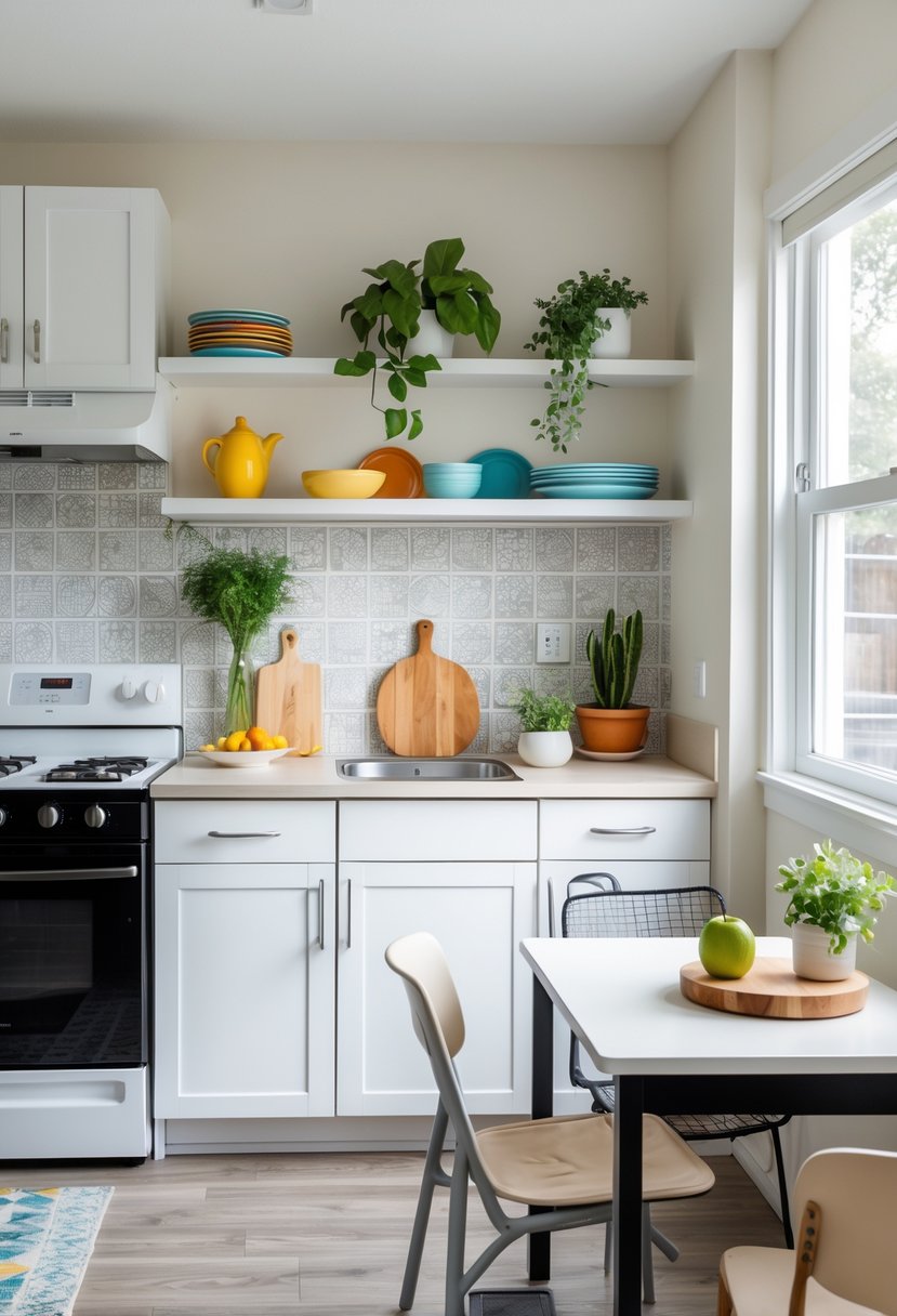 v2 154k0g gpnkl A bright rental kitchen with white cabinets, open shelves, a patterned backsplash, countertop accessories, and a small dining area.