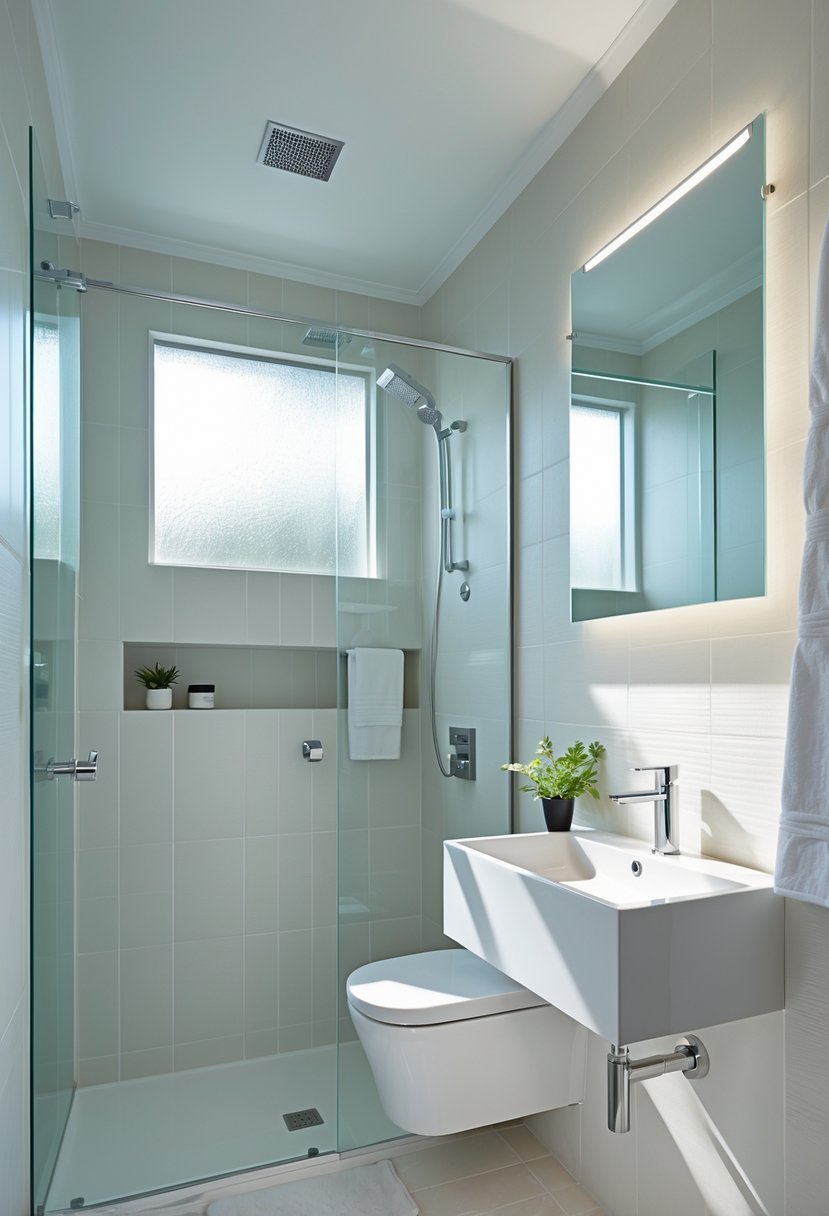 v2 154kjf tc3vi A small bathroom with a glass shower, floating sink vanity, mirror, and a wall-mounted toilet illuminated by natural light.