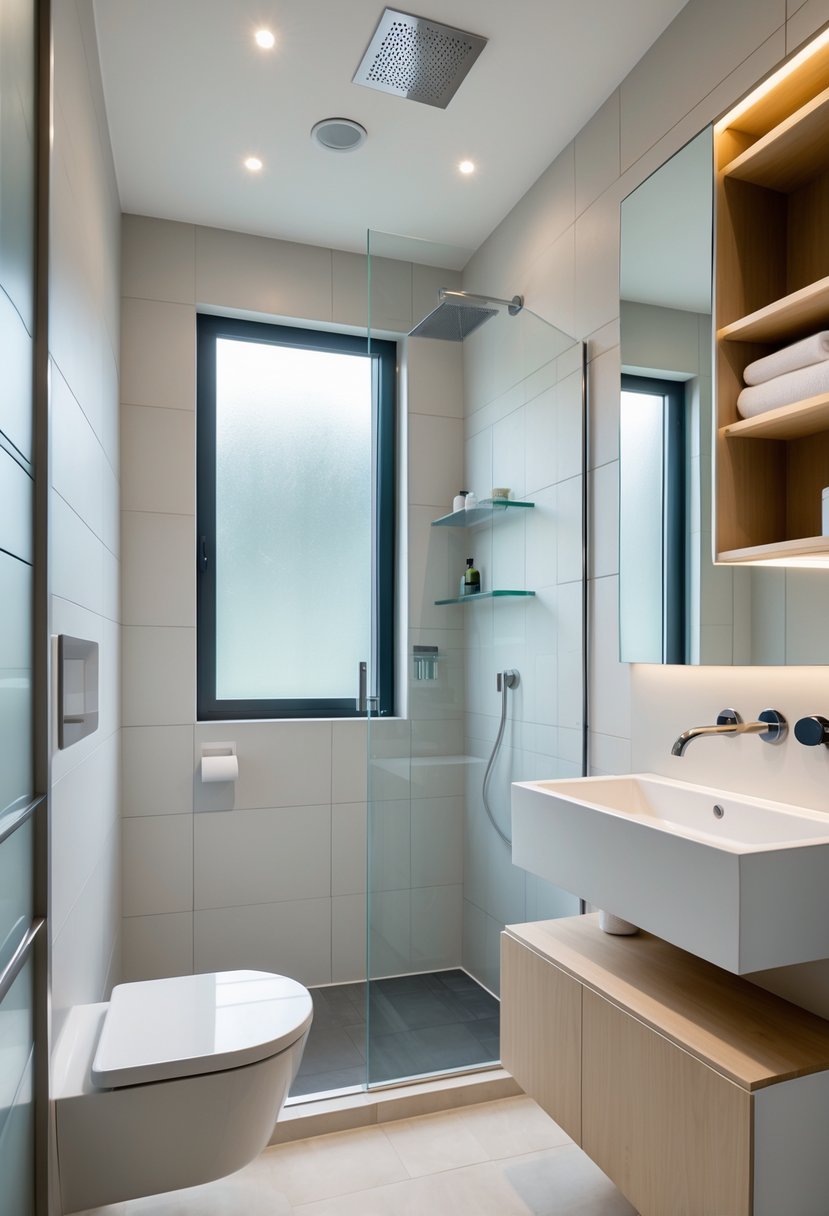 v2 154kkh s989l A small, modern bathroom with wall-mounted sink, glass shower, built-in shelves, and organized storage solutions.