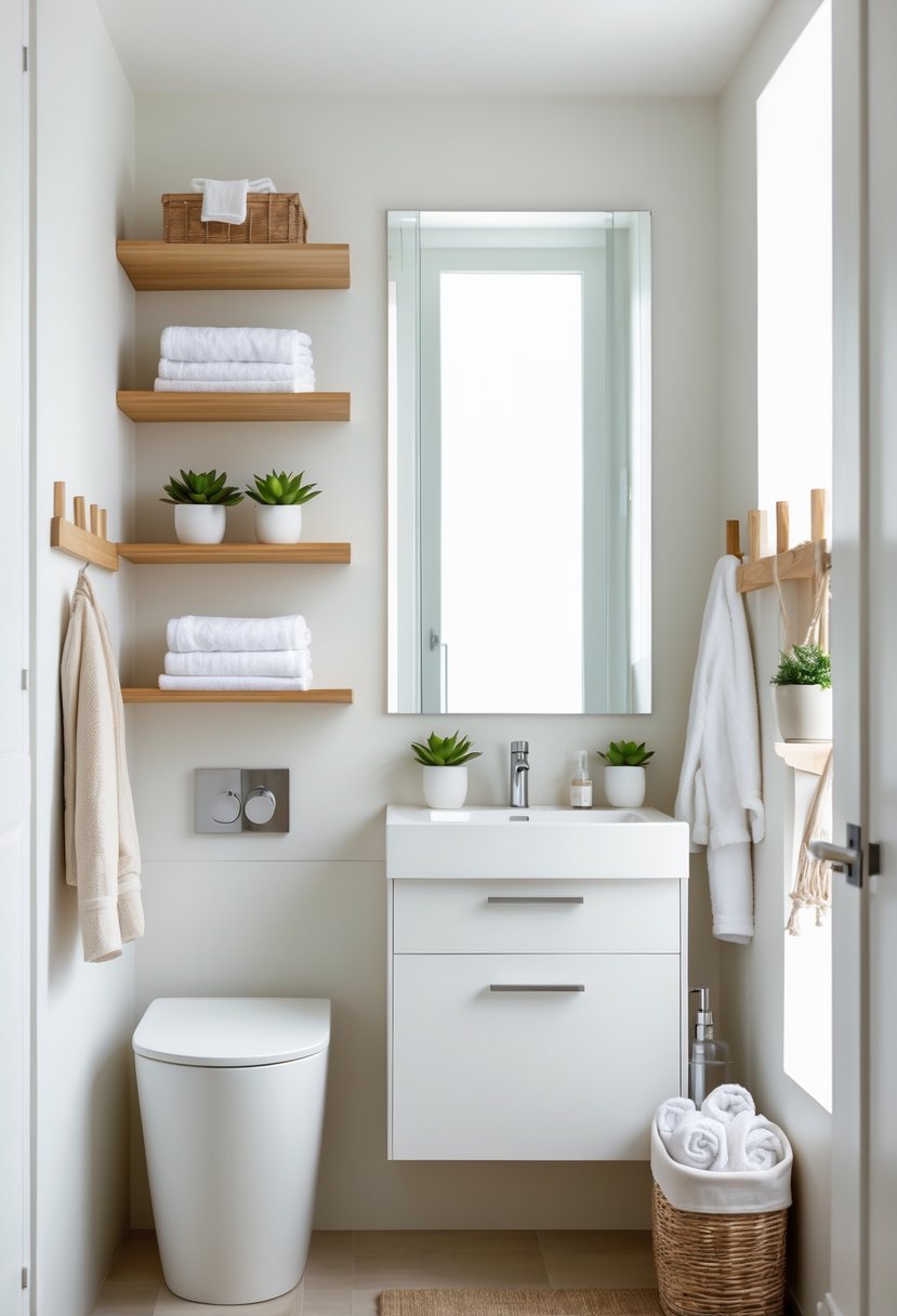 v2 154kpe Small bathroom with compact vanity, floating shelves holding towels and toiletries, a vertical cabinet, and wall hooks, all arranged to maximize storage in a limited space.