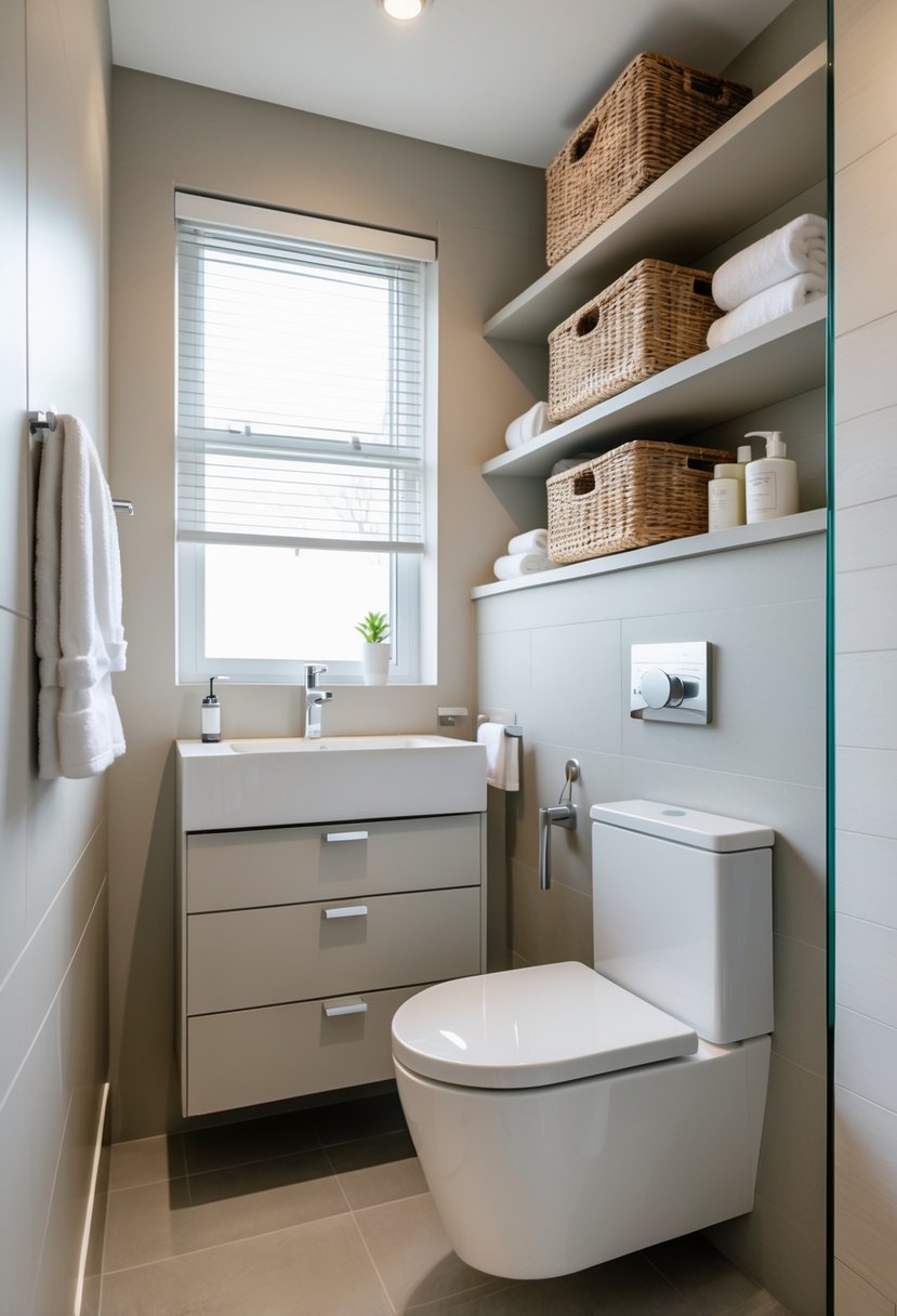 v2 154kpt yaji5 A small bathroom with organized storage including wall-mounted vanity, open shelves with baskets, and hooks for towels.