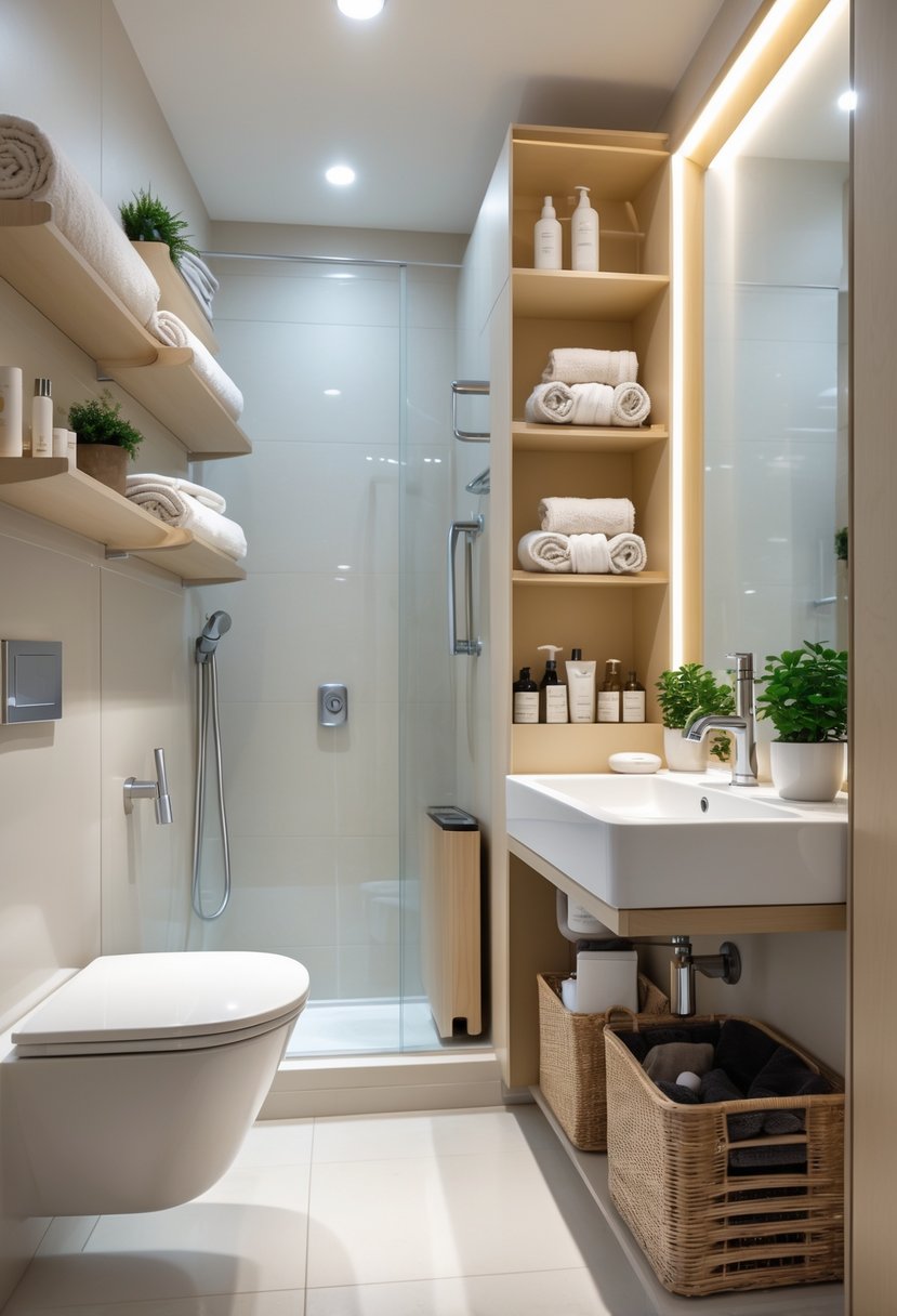 v2 154kqc vo4r7 A small bathroom with wall-mounted shelves, a slim cabinet, and organized storage solutions keeping toiletries and towels neatly arranged.