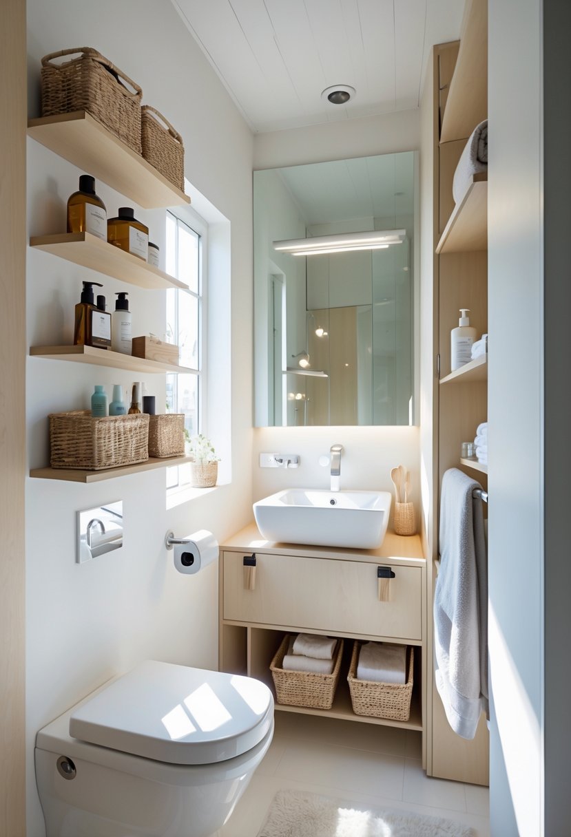 v2 154kqt 9y49w A small bathroom with shelves, baskets, and hooks neatly organizing toiletries and towels to maximize space.