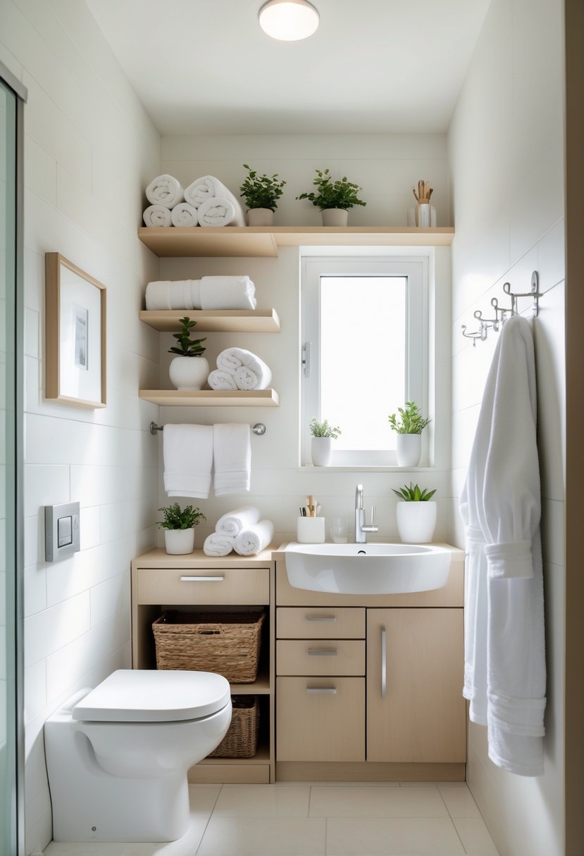 v2 154krz A small bathroom with organized shelves, a compact vanity, wall hooks, and storage solutions maximizing space.