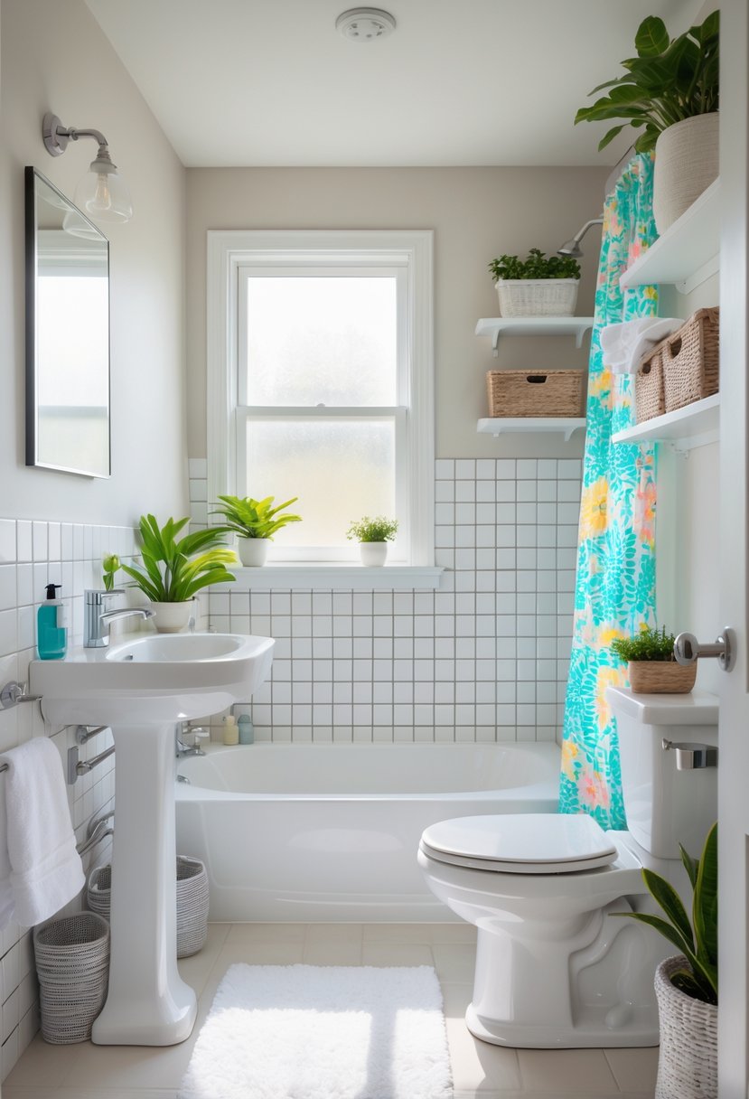 A small, clean bathroom with a pedestal sink, mirror, open shelves with baskets and plants, a bathtub with a colorful shower curtain, and natural light coming through a window.