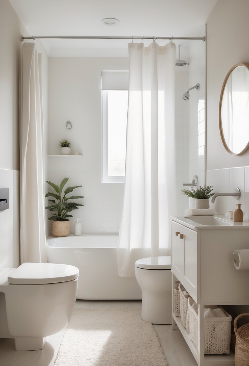 A clean, modern bathroom with a bathtub, vanity, round mirror, plants, and neatly arranged towels.