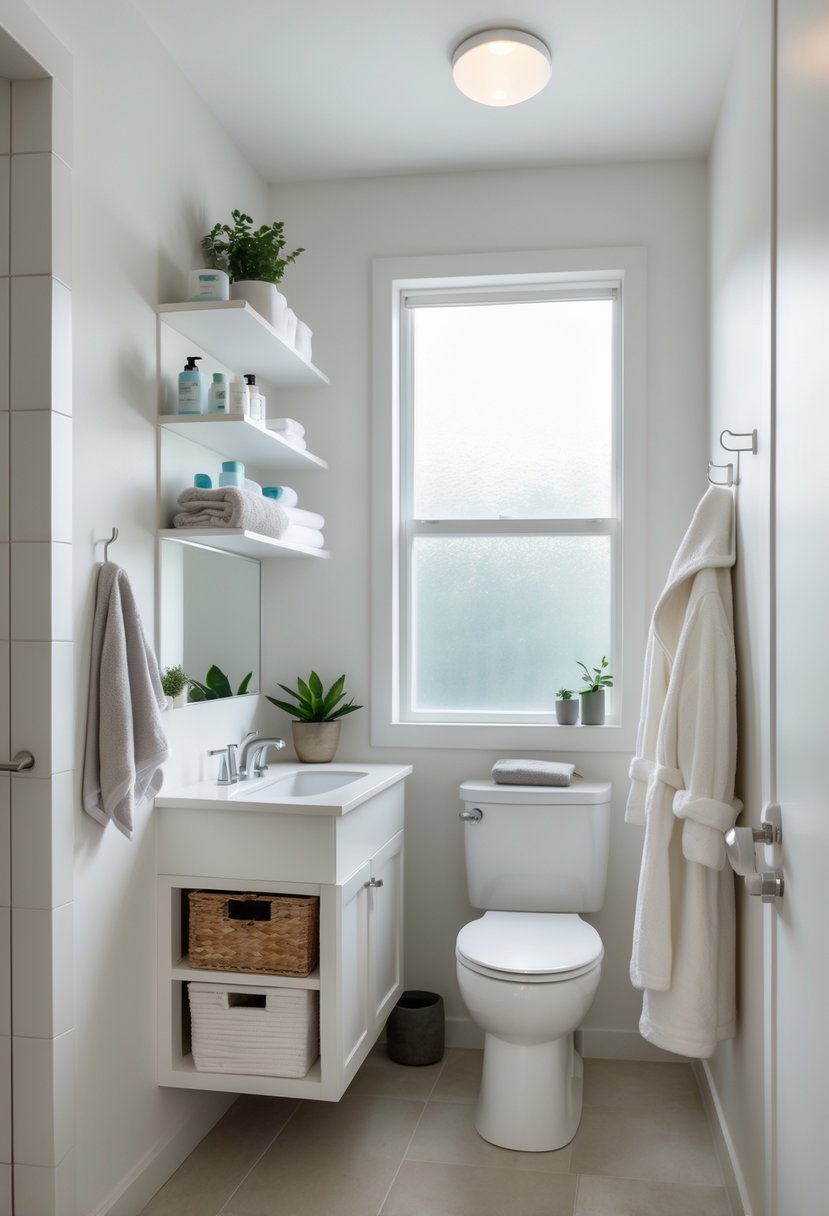 A modern rental bathroom with organized shelves, a compact vanity, towels hanging on hooks, and natural light coming through a window.
