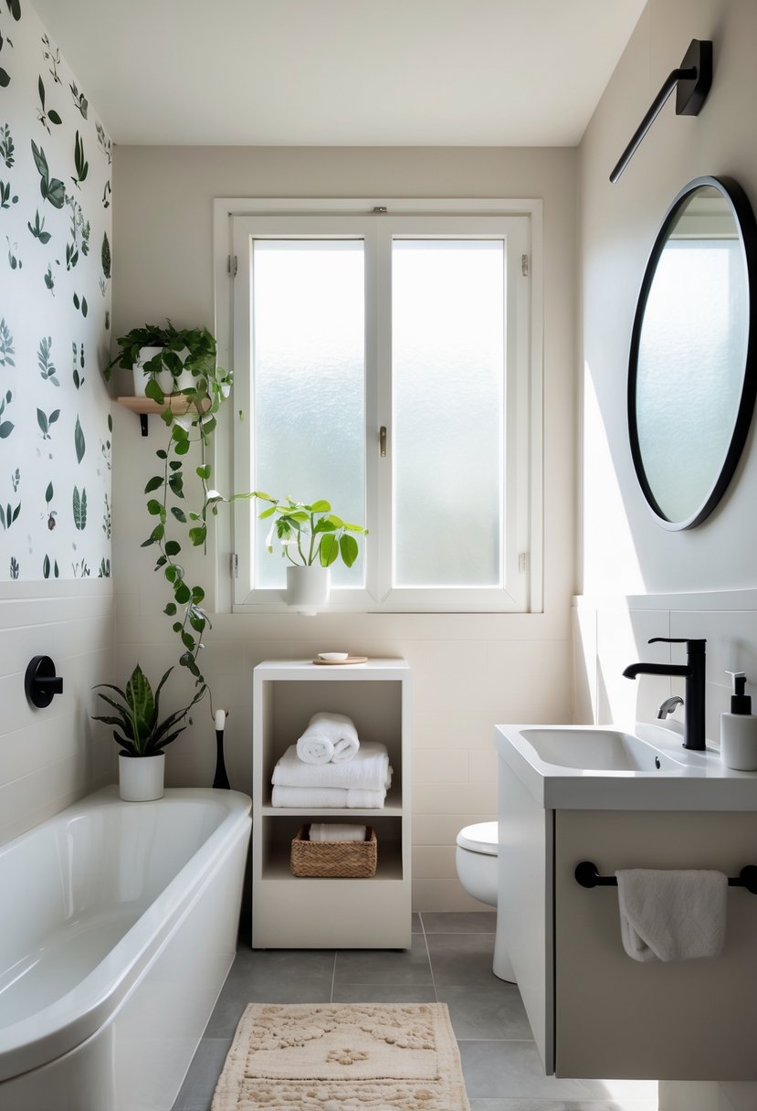 A bright bathroom with a bathtub, round mirror, small plant, and neatly folded towels on a shelf.