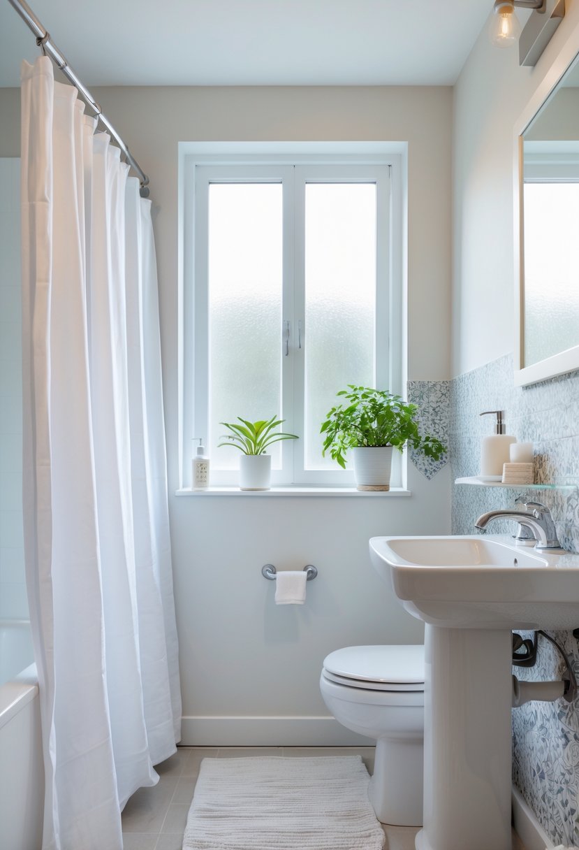A bright bathroom with a white sink, small mirror, potted plant, and simple decor showing a budget-friendly makeover for renters.