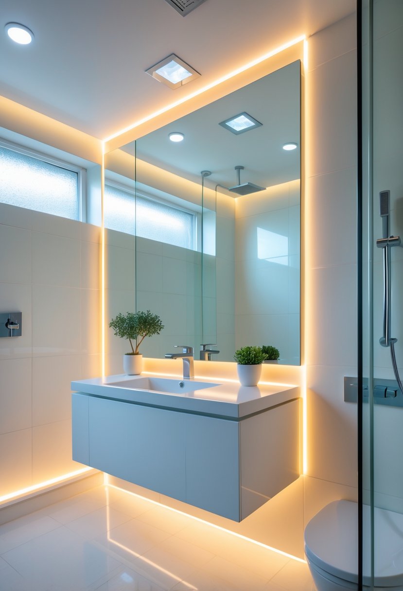 A small bathroom with bright lighting, a large mirror, floating vanity, glass shower, and a small plant, designed to look spacious and airy.