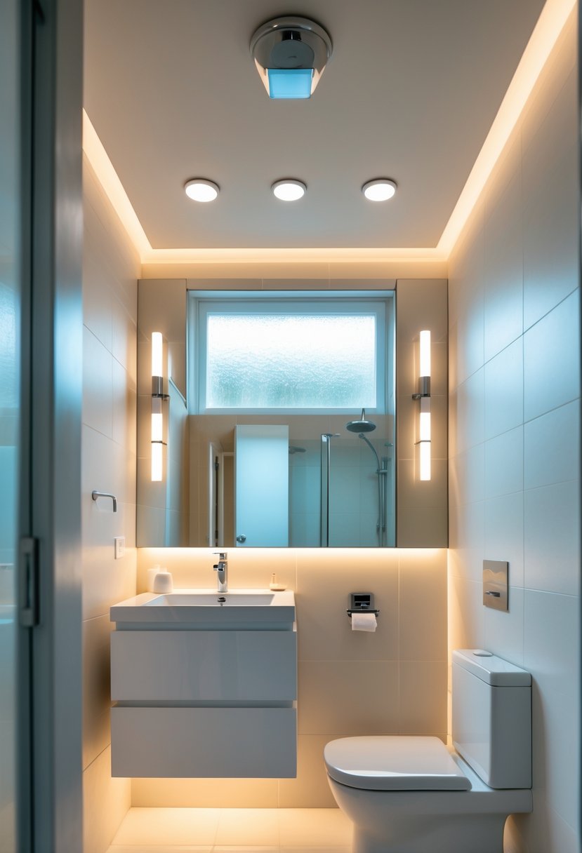 A small bathroom with bright lighting, a large mirror, white vanity, and natural light from a window.